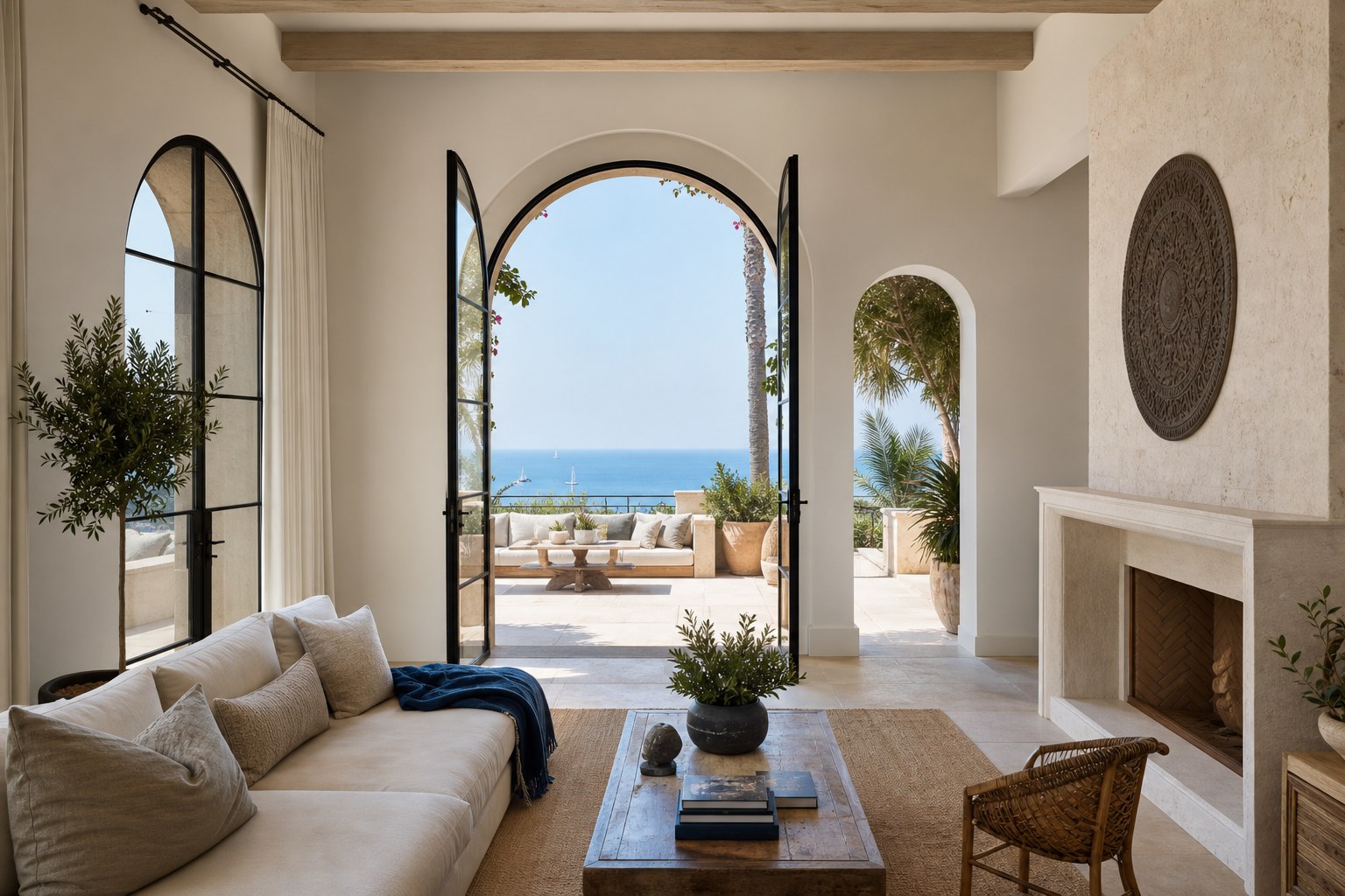 Elegant Mediterranean villa interior with sea view terrace