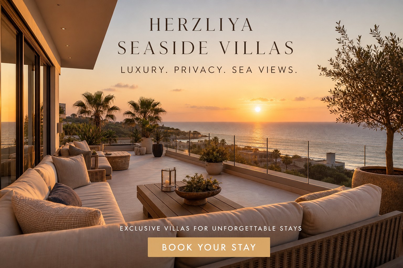 Luxury villa terrace at sunset with sea view